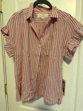 Trovata Coral and White Striped Ruffle-Sleeve Button Down Shirt